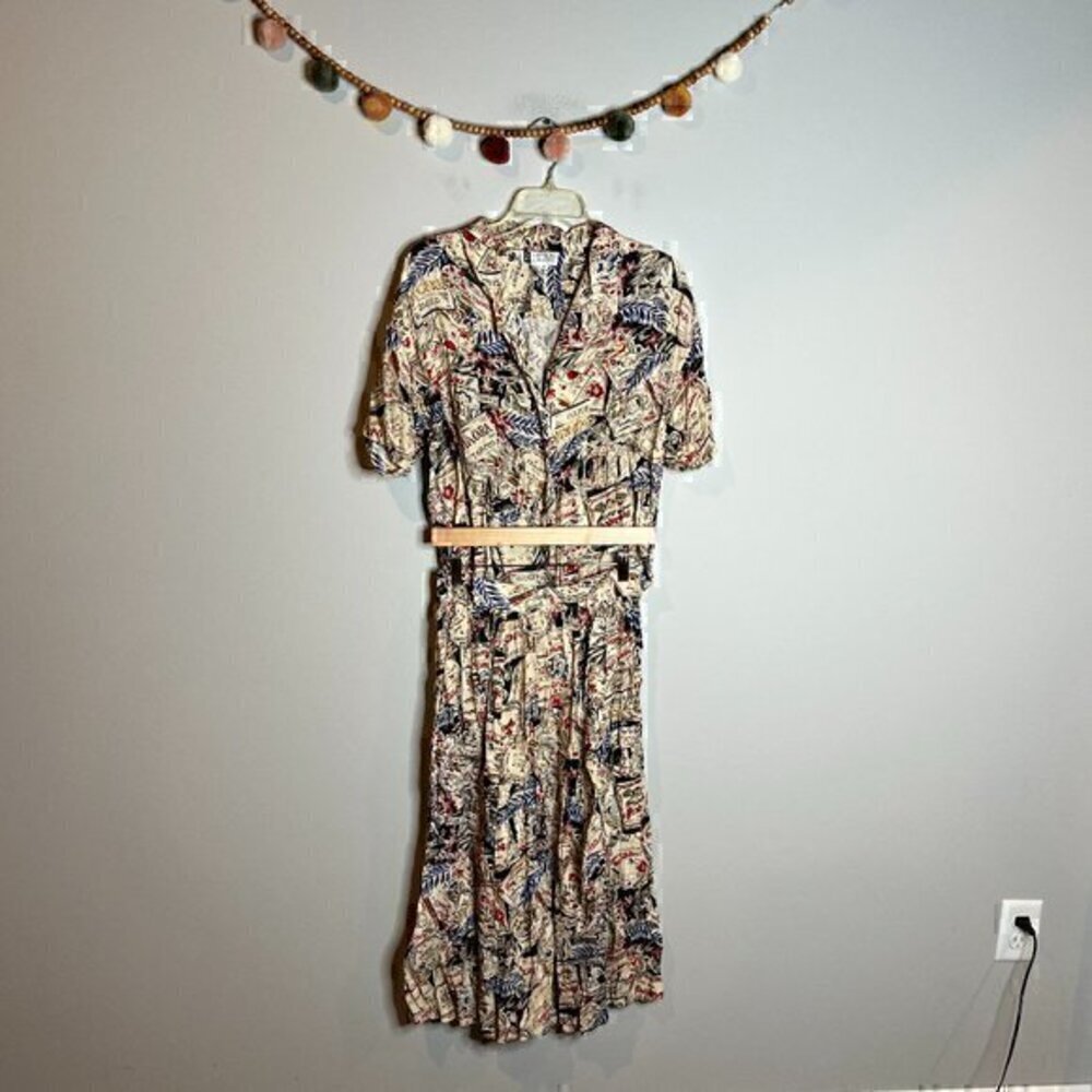Vintage travel patterned skirt and shirt matching set